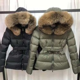 Doudoune d'hiver exquise avec col de raton laveur véritable, Parka chaude à la mode avec ceinture, manteau rembourré à grande poche pour femme