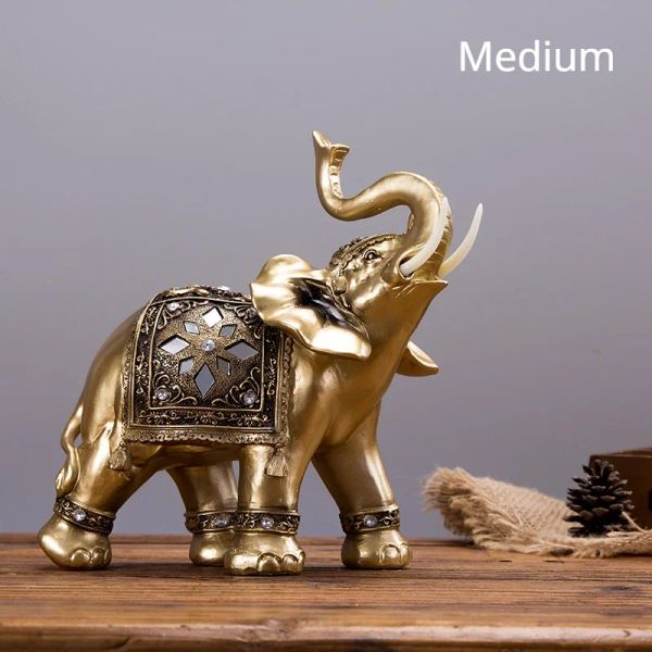 Statue décorative d'éléphant exquis, ornements de résine d'éléphant d'or de Feng Shui de bon augure, de décoration de bureau de bureau de bureau figurines