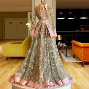 Exquisito vestido de noche Formal de manga larga con apliques de flores 2024 Dubai Ababic A-Line rosa para mujer vestido de fiesta de graduación