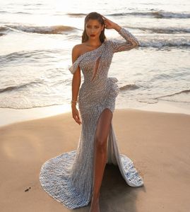 Exquise formelle glamour sirène robes de soirée Satin perles course une manche robe de bal longueur de plancher robes d'occasion spéciale nouvelle robe design 2021