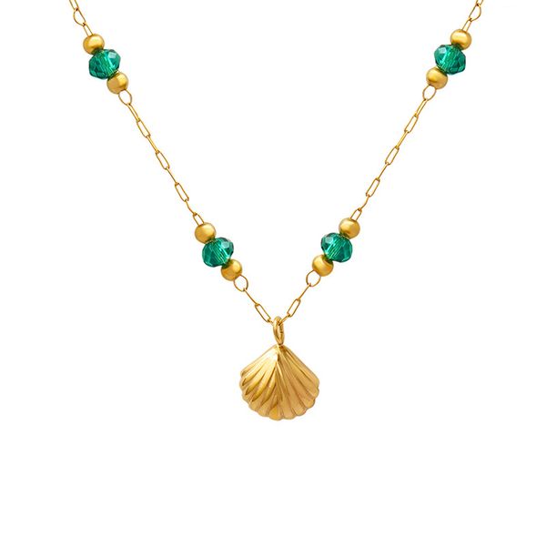 Collier pendentif pétoncle doré exquis avec perles de cristal, chaîne en os de serrure plaquée or 18 carats en acier titane, cadeau de bijoux de fête pour femmes