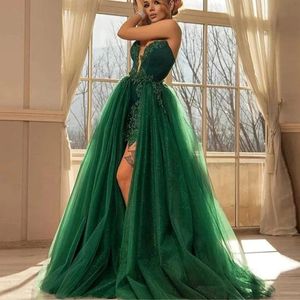 Exquisito vestido de fiesta de cóctel de lujo verde con cola desmontable ocasión Formal vestido de noche de cola de barrido
