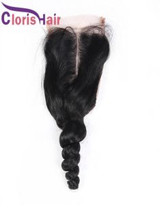 Exquisito Cierre de cabello humano de onda suelta atado a mano 4x4 Cordón suizo Virgen peruana Rizado T Parte Cierres superiores Pieza con cabello natural 1222898