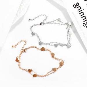 Exquis Coeur En Forme De Femmes Bracelets De Cheville En Acier Au Titane Solide AMOUR Double Chaînes À La Mode Designer Pied Chaîne Décoration Bijoux Accessoires pour Femme