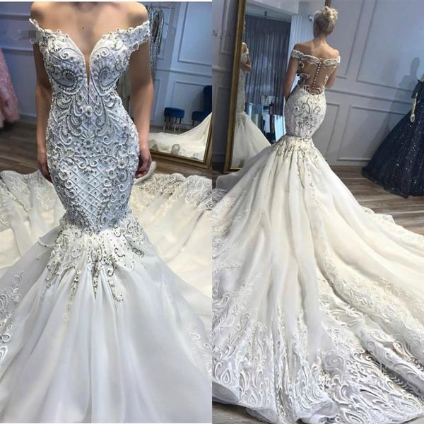 Exquisito trabajo pesado hecho a mano vestidos de novia con cuentas corte tren fuera del hombro tul red encaje sirena vestido de novia vestidos de novia 309v