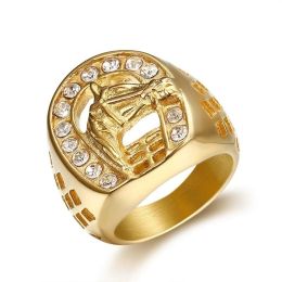 Exquis creux en forme de U fer à cheval tête de cheval 14k bague en or jaune femmes brillant Zircon Animal anneau hommes femmes mode bijoux cadeaux
