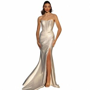 Robes de mariée sirène en satin ivoire exquis, robe de noiva Bing Bride Dr Sexy fendue, robes de soirée 2024 J0KB #