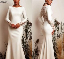 Exquisito encaje apliques sirena vestidos de novia elegante satén boho jardín mangas largas mujeres novia vestido de matrimonio tren de barrido vestidos de novia modernos simples CL3436