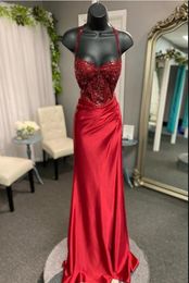 Vestido de fiesta rojo largo de encaje exquisito, vestidos de noche de sirena, vestidos de fiesta elegantes con correas de encaje hasta el suelo
