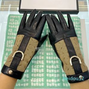 Prachtige leren dameshandschoenen Letter Designer Patchwork-handschoen Dames buitenlamsvacht wanten met warme voering want