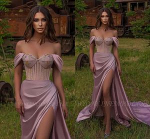 Exquise lavendel Paarse zeemeermin avondjurken Arabisch Stijlvolle High Split Off Shoulder Party Prom -jurken kralen pailletten top BC10344
