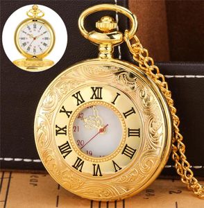 Exquisite Luxe Geel Gold Pocket Watch Vine snijvaart Romeins nummer Case Quartz analoge display ketting kettingklok reloj cadeau3858808