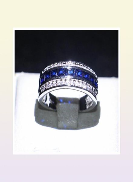 Men exquis 10kt Brand rempli d'or blanc anneau bleu sapphire cz ringails de cristal rond pour le jeu de mariage Taille du cadeau 812 4269781299905