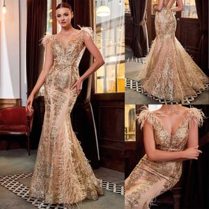 Exquise zeemeermin avondjurken gouden kanten lovertjes Applique Beading Jurken Sweep Train Vestidos de Noche formele prom -jurk L24202