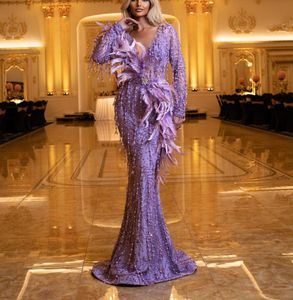 Exquisite Mermaid Prom Dresses lange mouwen V -nek Appliques pailletten kralen 3d kanten vloer lengte diamanten parels diamanten veerbruis jurken plus maat op maat gemaakt