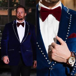 Exquisite Navy Blue Crystal Wedding Tuxedos Classic Fit 2 Stuks Diamonds Mens Prom Suit Sets 2 Knoppen Fluwelen Kostuum Homme