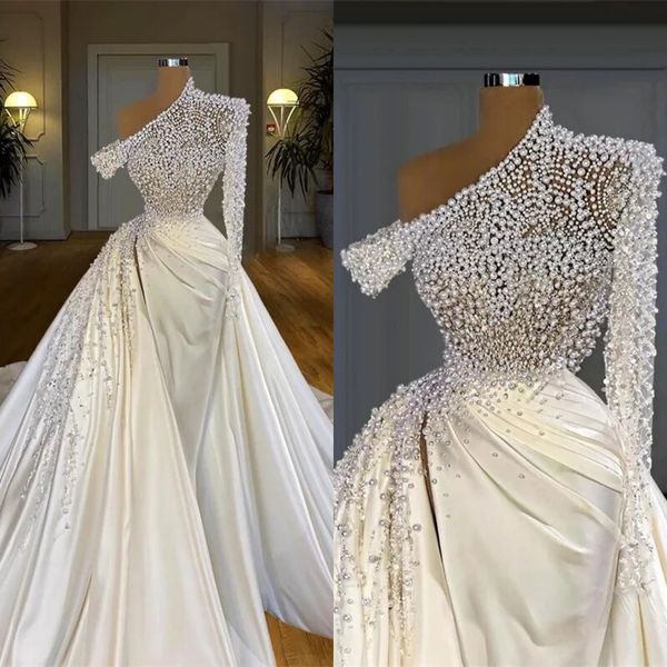 Perles exquises robes de mariée sirène une épaule robe de mariée détachable train à manches longues côté fendu robes de mariée sur mesure
