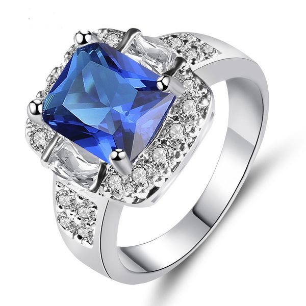 Exquisito anillo de bodas de circonita cúbica azul de corte princesa en color oro blanco, joyería, los mejores regalos para damas