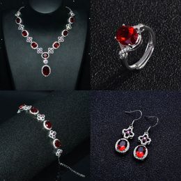 Ensembles de bijoux en cristaux rouges exquis pour femmes, accessoires de fête de mariage, strass, Zircon cubique, collier, boucles d'oreilles, Bracelets, anneaux de chaîne