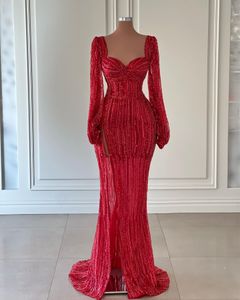 Robe de soirée rouge exquise pour femmes, manches longues, col en V, dos nu, longueur au sol, dentelle, fente latérale, paillettes, perles, robe de bal sexy, robes formelles, grande taille sur mesure