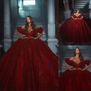 Exquise Paillettes Rouges Princesse Une Ligne Robe De Mariée Hors Épaule Plus La Taille Puffy Robe De Bal De Mariée Pour Les Femmes Arabes Robe De Mariage 322