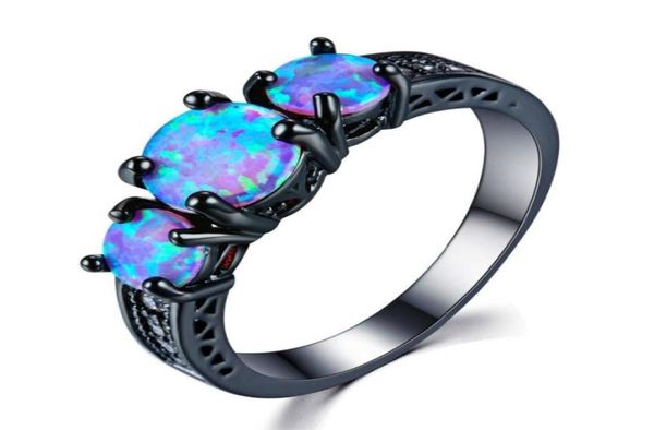 Exquis Round trois anneaux de pierre Blue Fire Opal Anneau de mode Black Black Gold Remplid Bings For Women Bijoux vintage AB14938701345