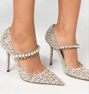 Prachtige sandalen Pearl Strass Baily Hoge Heel trouwfeestjurk Stiletto Heel Heels Ankle Riem damespompen sexy puntige teen luxe designer vrouwen