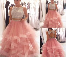 Exquisite Sequin kralen Organza Ruffles prom jurken tweedelige roze kristallen lijfje lange avondjurken elegante prom feestjurk 7866784