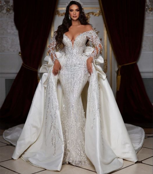 Robes de mariée sirène à paillettes exquises Luxury Deep V Neck Bridal Robes de robe à manches complètes sur mesure