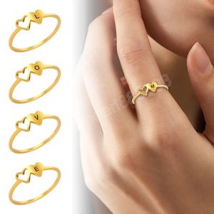 Voortreffelijke eenvoudige eerste letterringen voor vrouwen dubbele harten roestvrijstalen vingerring paar sieraden geschenken trouwring