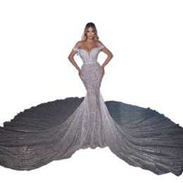 Exquise Tule Mermaid Wedding Jurken 2022 Sexy Deep V-Neck Appliques Shine Sequins Bridal Gown Brush Train Robe de Vestido