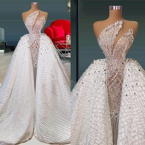 Prachtige bruiloft zeemeermin jurk met afneembare trein Kralen Crystal Bridal Town Sequined Dubai Jurken Vestido de Novia
