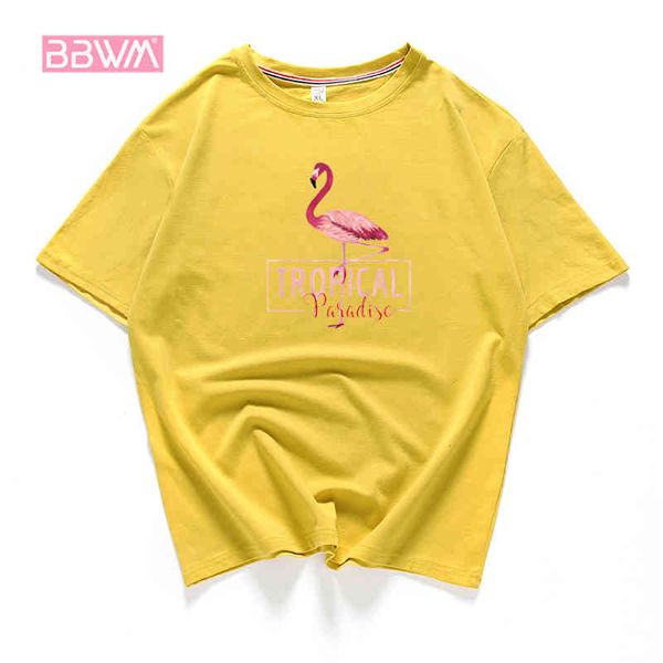 T-shirt en coton coréen exquis pour femmes T-shirt d'été à manches courtes en vrac col rond Wild Flamingo Printing Yellow Female 210507