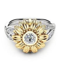 Exquisito anillo floral de plata de ley 925 de dos tonos para mujer, flor de diamante redondo, joyería de oro de 18 quilates, propuesta de regalo, anillo de cóctel 2745718