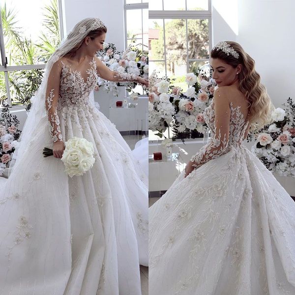 Exquisito vestido de novia para mujer, hecho a medida, manga larga, flores 3D, vestido de baile, apliques de encaje, flores de cristal, vestidos de novia