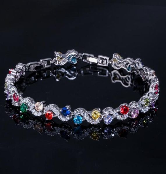 Exquisitas pulseras para mujer, joyería, pulsera con dijes, redonda, Suiza, circonita cúbica AAA, rojo, blanco, verde, rubí, chapado en oro de 18 quilates, plata 8015492