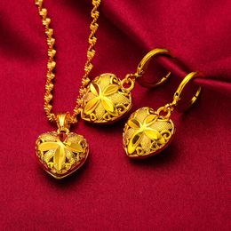 Exquisito corazón mujer pendientes colgantes conjunto 18k oro amarillo lleno romántico mujeres niñas bonito conjunto de joyería