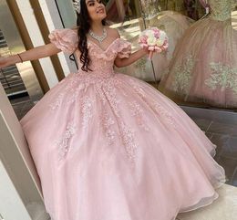 Poequiste roze quinceanera -jurken baljurk quinceanera jurk plus maat 2021 kralen kant zoet 15 16 jaar brithdday feestjurken9148381