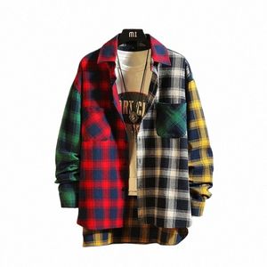 Étendre la chemise hommes Plaid Lg manches Hiphop Patchwork chemises décontractées Hip Hop Cott vêtements 2023 Fi Streetwear automne U0x6 #