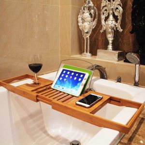 Uitschuifbare badkamer plank badtub lade douche caddy bamboe bad rack handdoek wijnboekhouder opslagorganisatie accessoires 210724