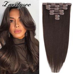 Extensiones Extensiones de cabello con clip de 90 gramos, cabello humano brasileño liso Remy, extensión con clip, 7 Uds., color marrón oscuro, Clip Ins para mujeres