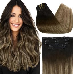 Extensions Clip In Hair Extension Human Hair Volle Hoofd Braziliaanse machine Remy Hairpiece Clips Balayage Blond 18 Inch natuurlijk Human Hair