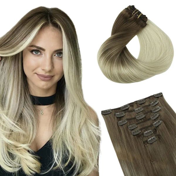 Extensions Clip dans les extensions de cheveux Gradient de cheveux humains Ash Drun brun au platine blonde pour les femmes avec des extensions de cheveux épais soyeux clip sur 120 g