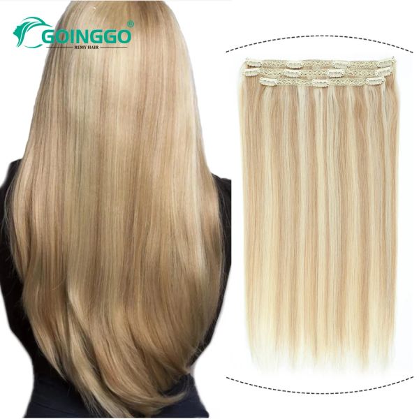 Extensiones Clip en extensiones de cabello Remy Clips de cabello liso en cabello humano Resalte Rubio Doble trama Piezas de cabello para mujer 3 Unids / set