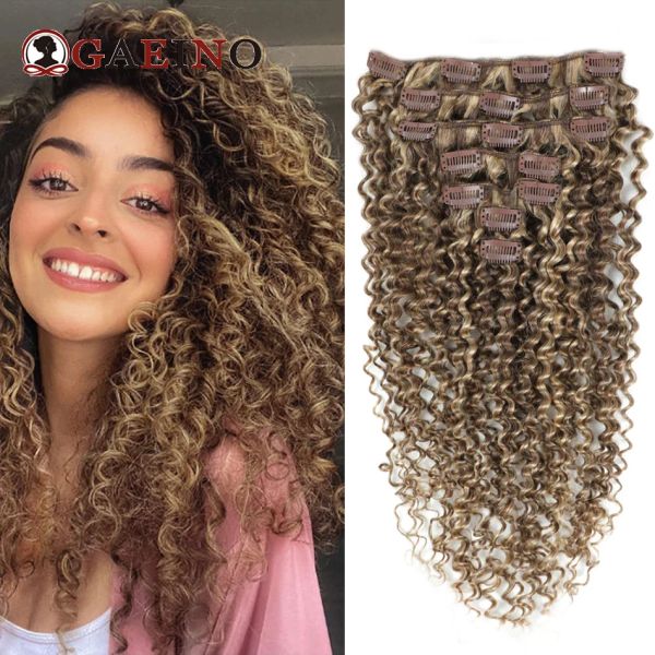 Extensiones de cabello rizado Clip en extensiones de cabello rizado rizado 7 unids/set marrón ceniza Rubio arenoso mezcla 100% cabello humano Remy postizo de cabeza completa