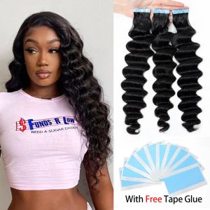 Extensions de cheveux naturels Deep Wave, Extensions de cheveux naturels noirs naturels, bande adhésive Invisible et étanche, 20 pièces/ensemble