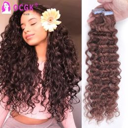 Extensions Deep Wave Tape in Human Hair Extensions 1226inch Auburn Bruine Hesping Skin Weft Tape Ins krullend haar Dubbele zijkanten naadloos