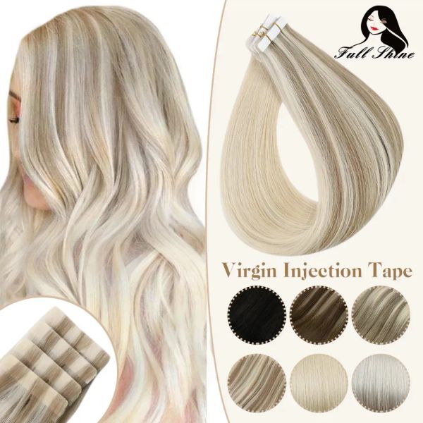 Extensions Extensions de cheveux humains vierges par injection pleine brillance PU trame de peau ruban attaché à la main en couleur blonde vierge invisible sans couture 2021