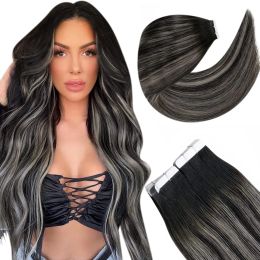 Extensions Bande de brillance complète dans les extensions de cheveux humains Ombre noir naturel à gris argenté Extensions de cheveux humains réels 50g femmes droites