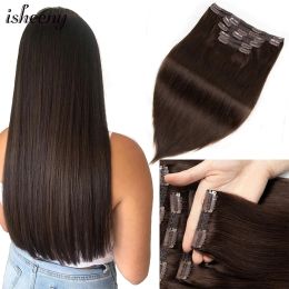 Extensies Isheeny 140240G Volume Clip In Extensions van echt haar Recht 14 "24" Braziliaanse Machine Remy Straight Natuurlijk Clip In Volledig hoofd